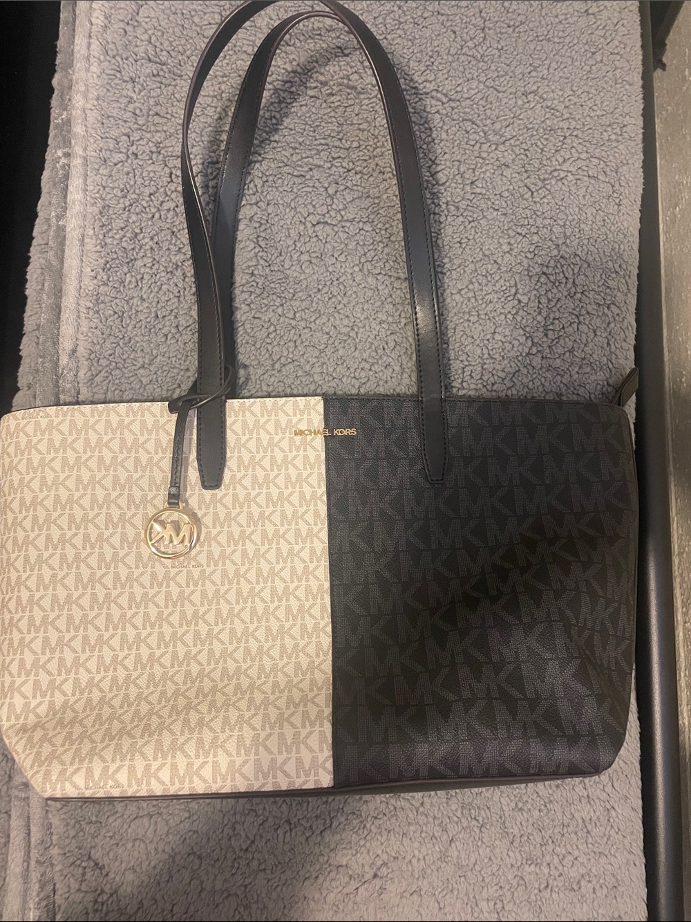 Michael Kors Two-Tone MK Signature Tote in Beige & Black